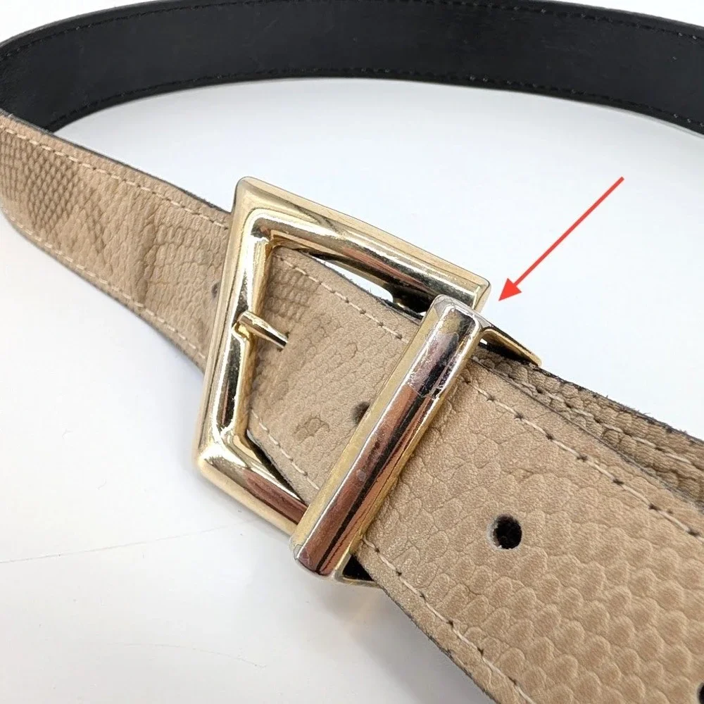 Tan Faux Snakeskin Belt Gold Angular Buckle Camo Print Textured Strap‎ 35in